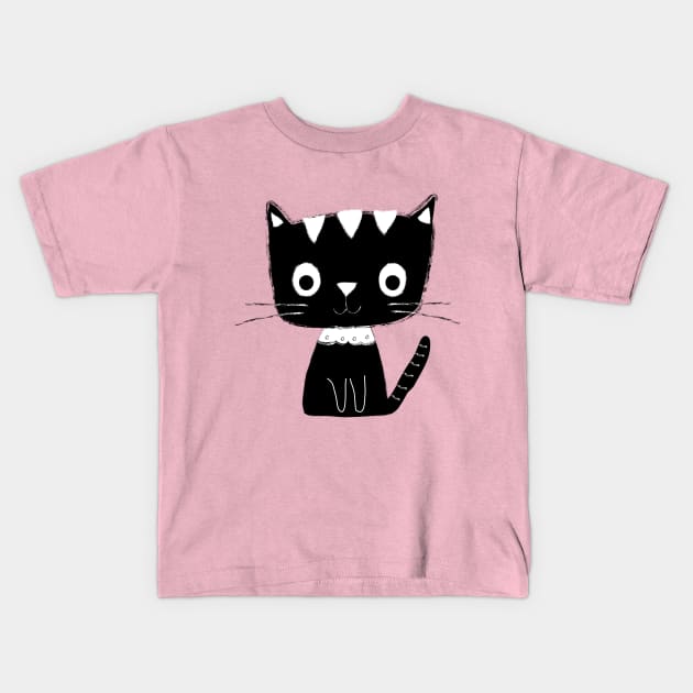 Cute black and white cat Kids T-Shirt by Pravo